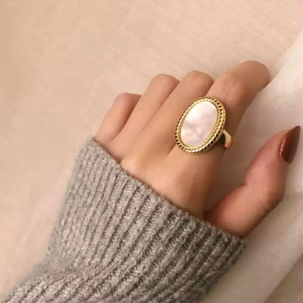 NEW 925 Sterling Silver Vintage Oval Iridescent Shell Adjustable Ring